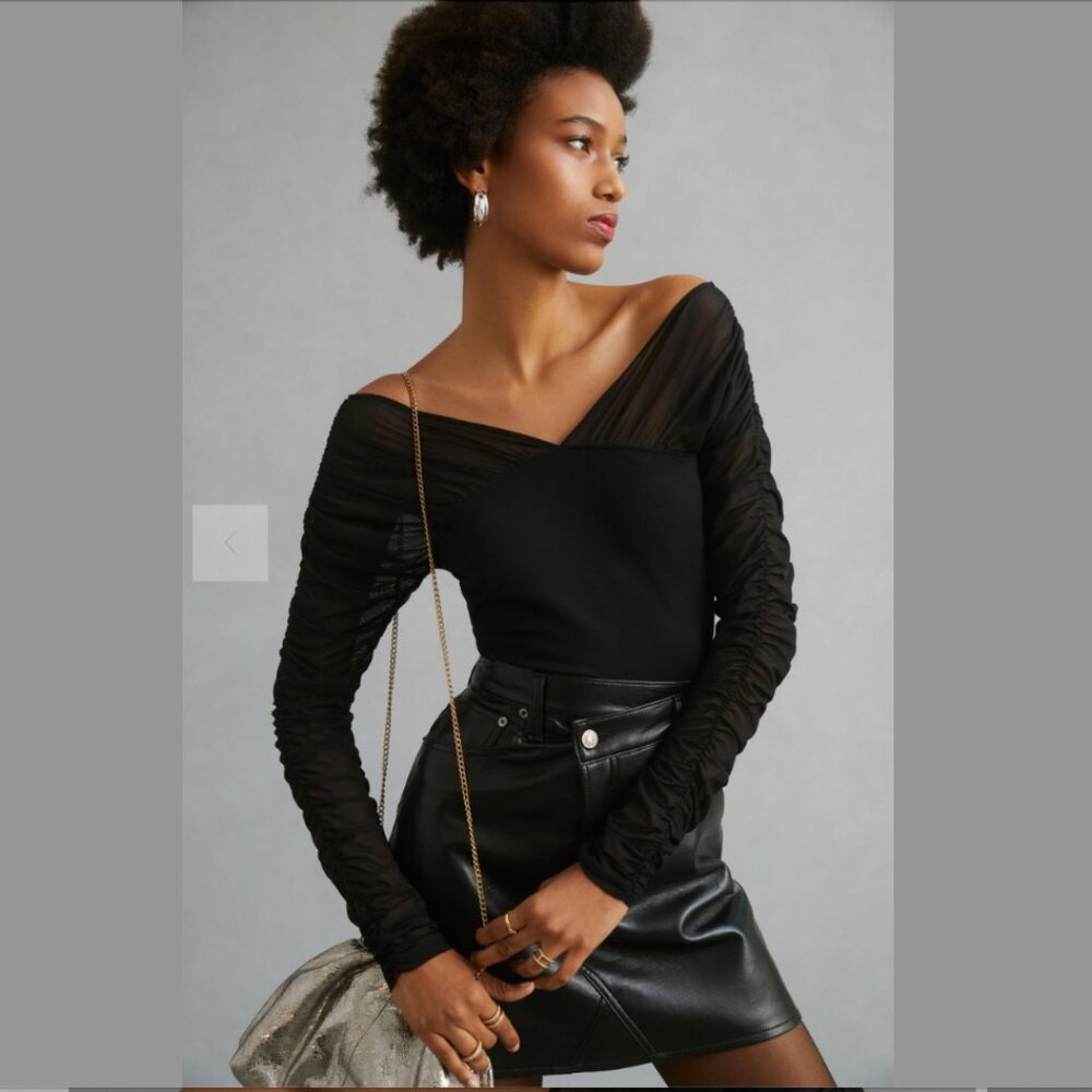 Anthropologie Maeve Black Shirred Mesh Top NWT